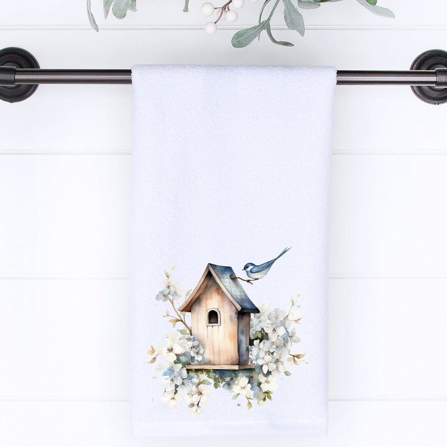 Fernville Creations - Birdhouse Printed Hand Towel with Blue Floral Accents