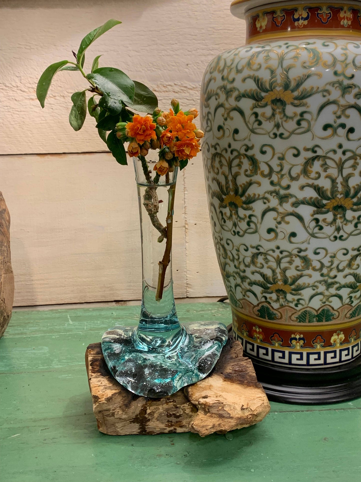 Asia West - Glass Vase on Natural Wood Base (approx. 9"h)