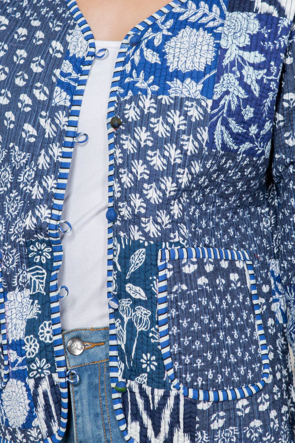 LA Soul - Floral Print Quilted Patch Cotton Jacket - Blue: XL