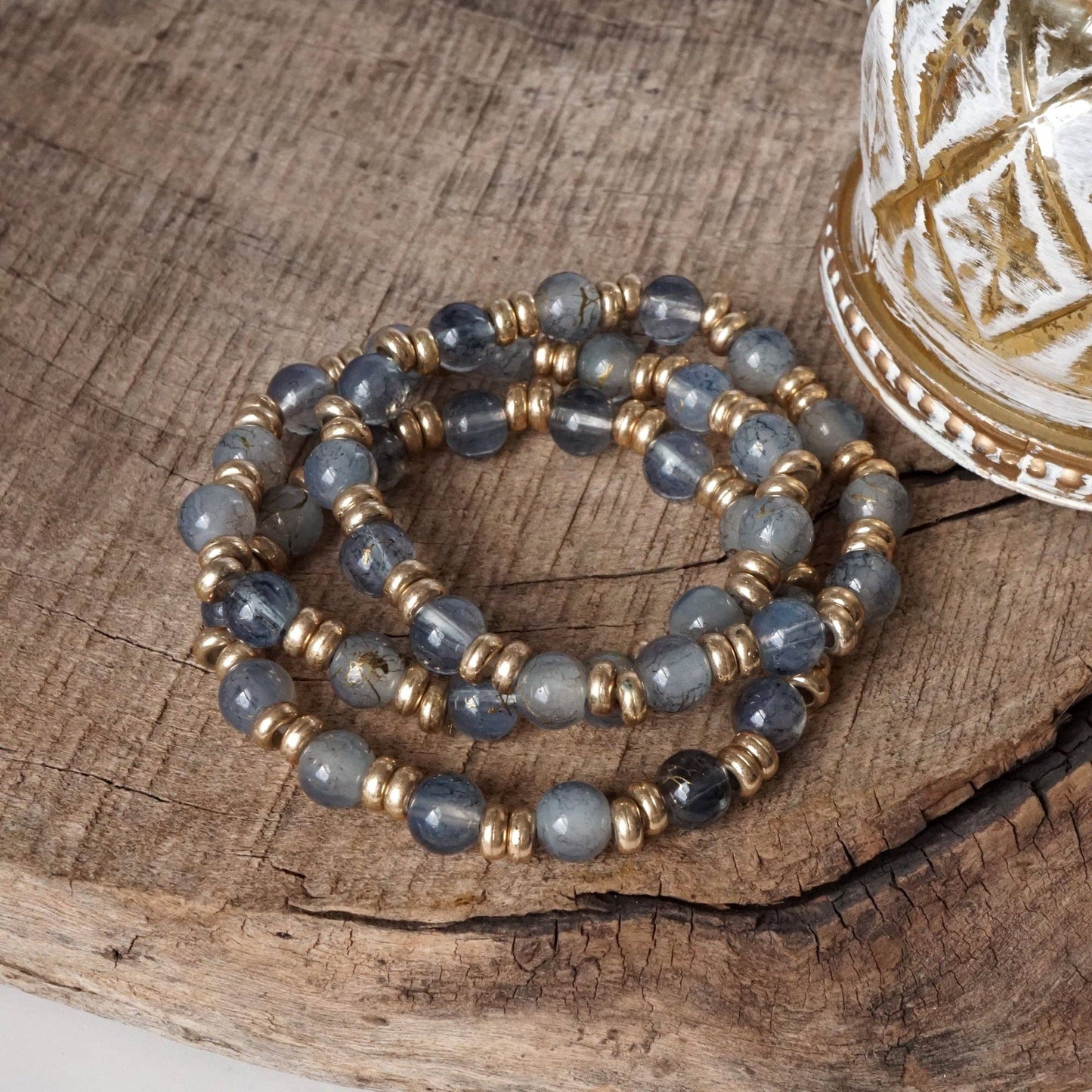 PennyLine inc - Glass Beaded Bracelet Stack with Worn Gold Accents – Green, Cream, or Gray: Cream