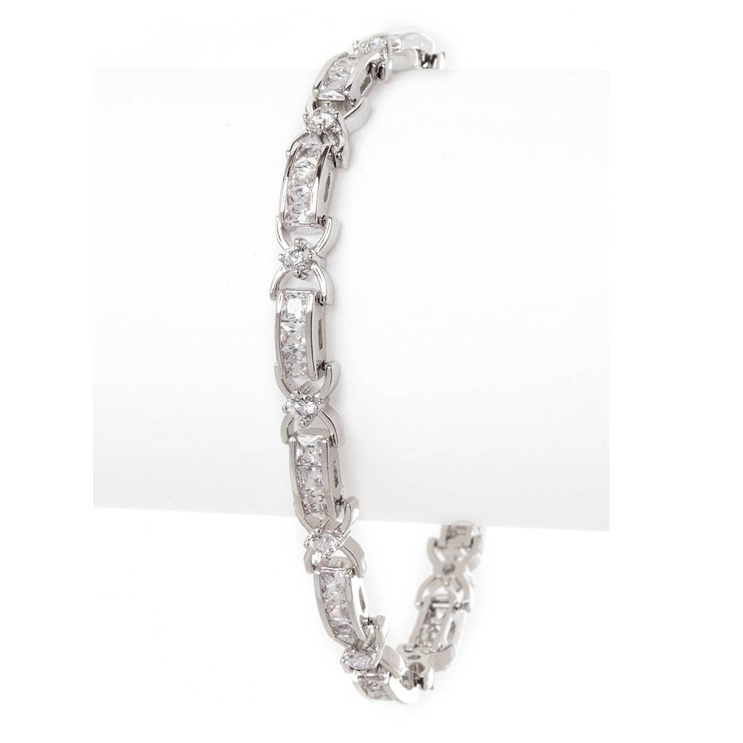 Artini Accessories - Tri Stone Cross Cubic Zirconia Tennis Bracelet: Rhodium