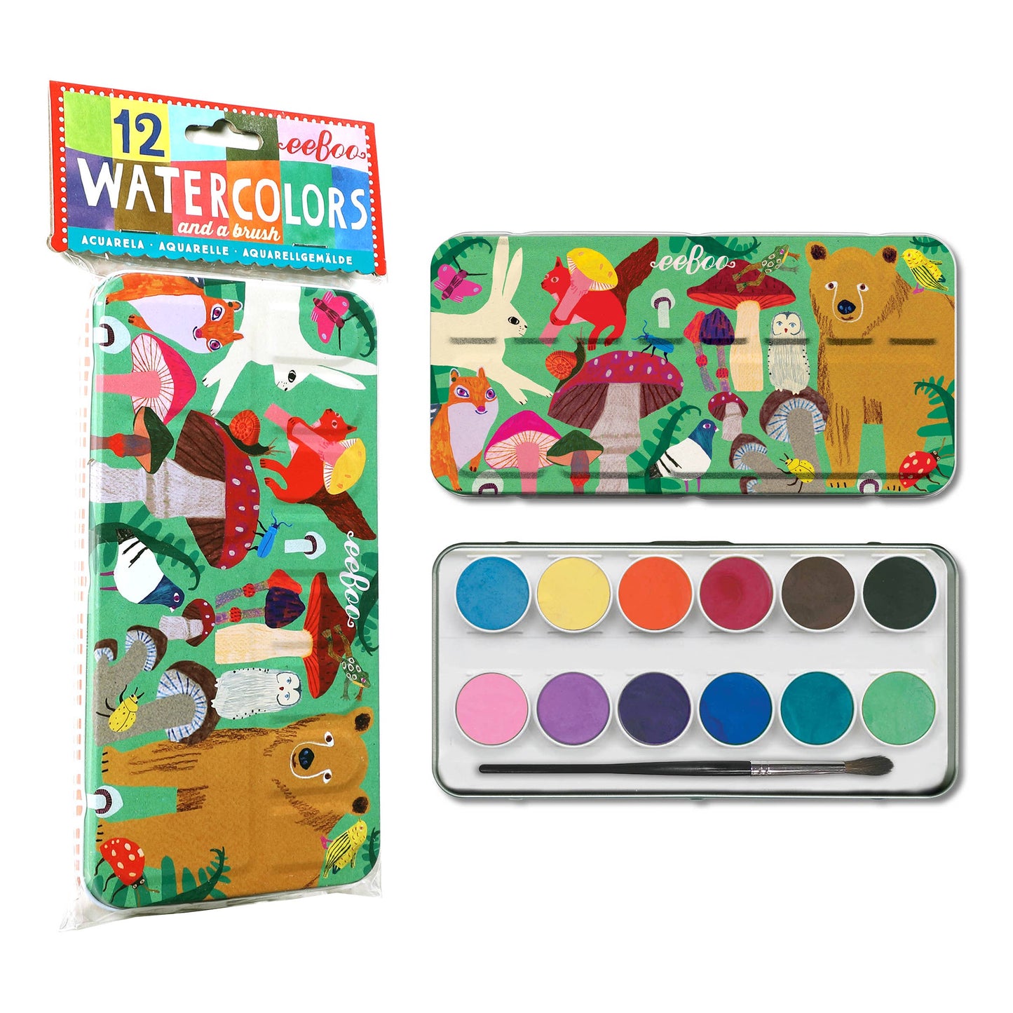 eeBoo - Mushrooms 12 Watercolors Paint Tin