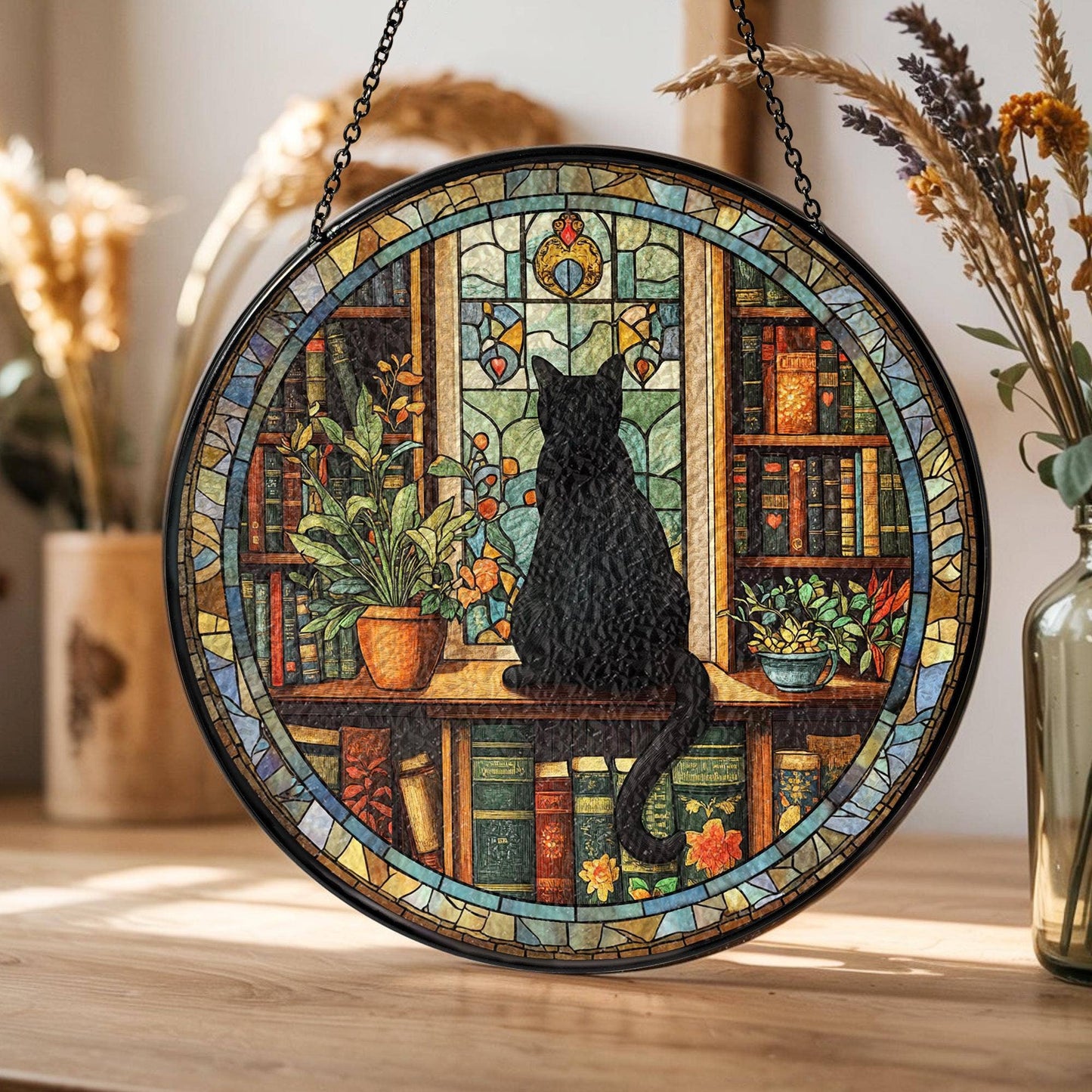 NVC Ecommerce LLC - Black Cat and Book Stained Glass Suncatcher, Librarian Decor: 11.8in