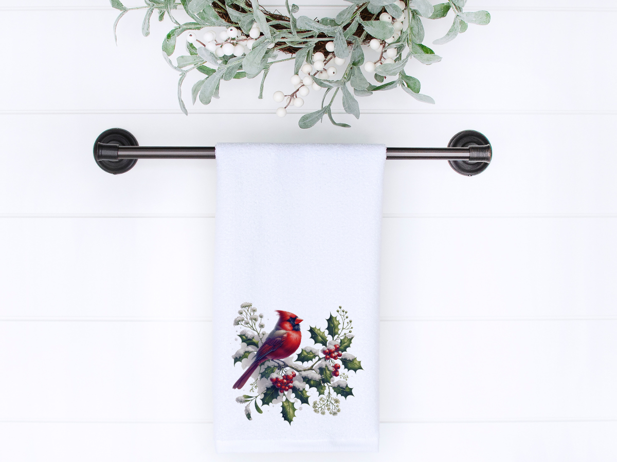 Fernville Creations - Cardinal Hand Towel, Winter Bath Accent, Powder Room Towel