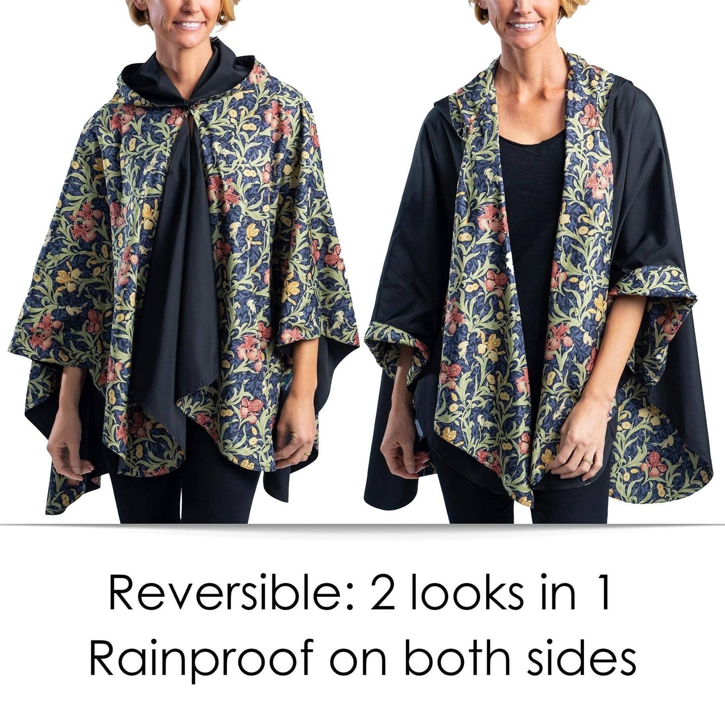 RainCaper - William Morris Golden Flowers & Black Womens Rain Cape - Rainproof Breathable Rain Poncho