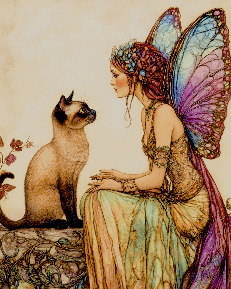 Mowbi - Siamese Cat and Her Fairy - Fairies Wall Art Prints – 8″x10″ Artwork for 11″x14″ Frame