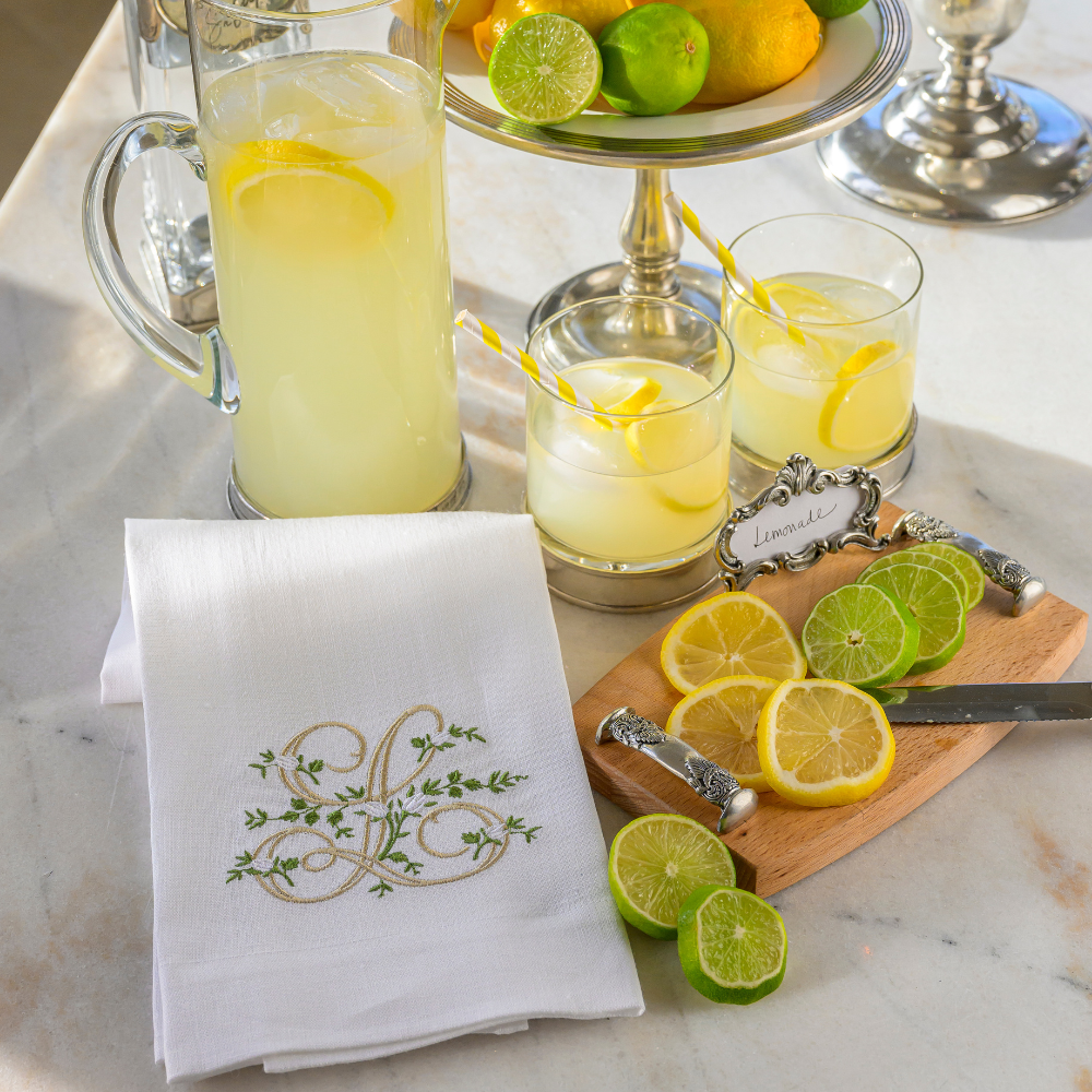 Arte Italica & Crown Linen Designs - Floral Monogram Linen Towel: V