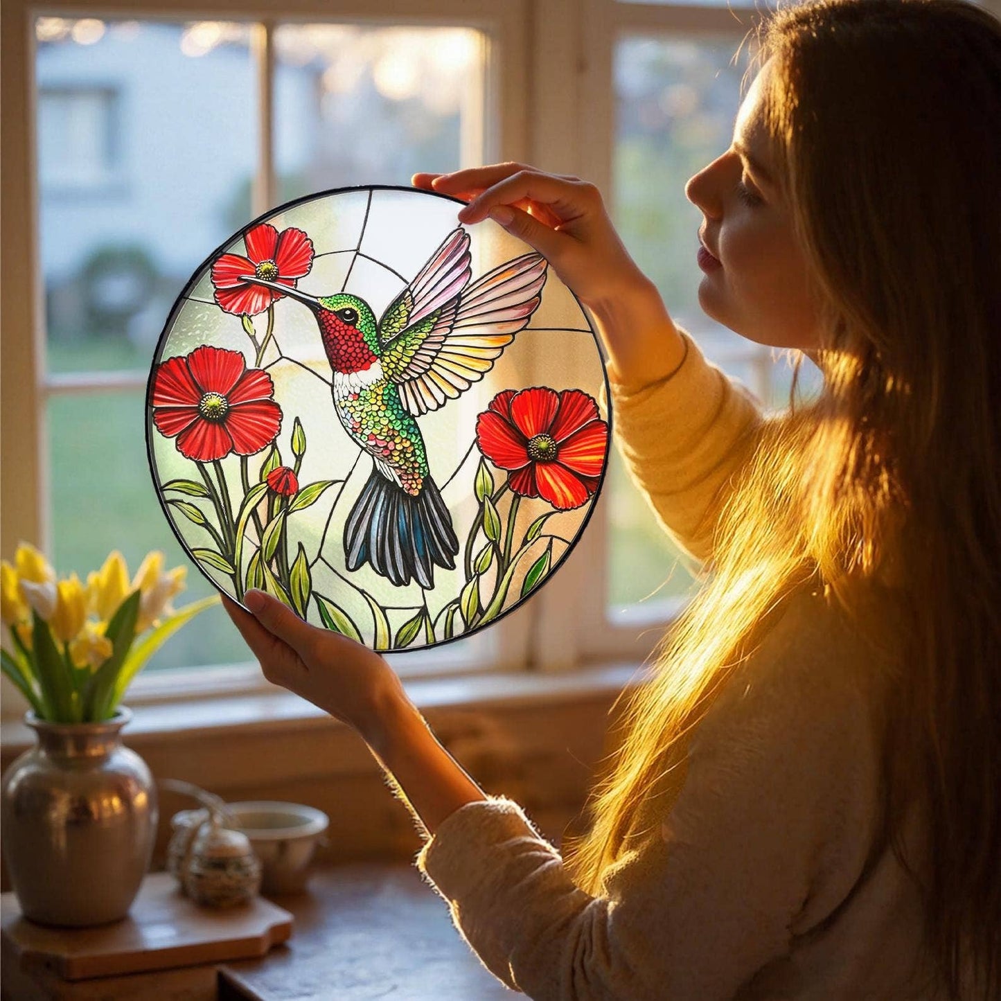 NVC Ecommerce LLC - Vibrant Bird and Poppy Stained Glass Suncatcher, Hummingbird: 11.8in