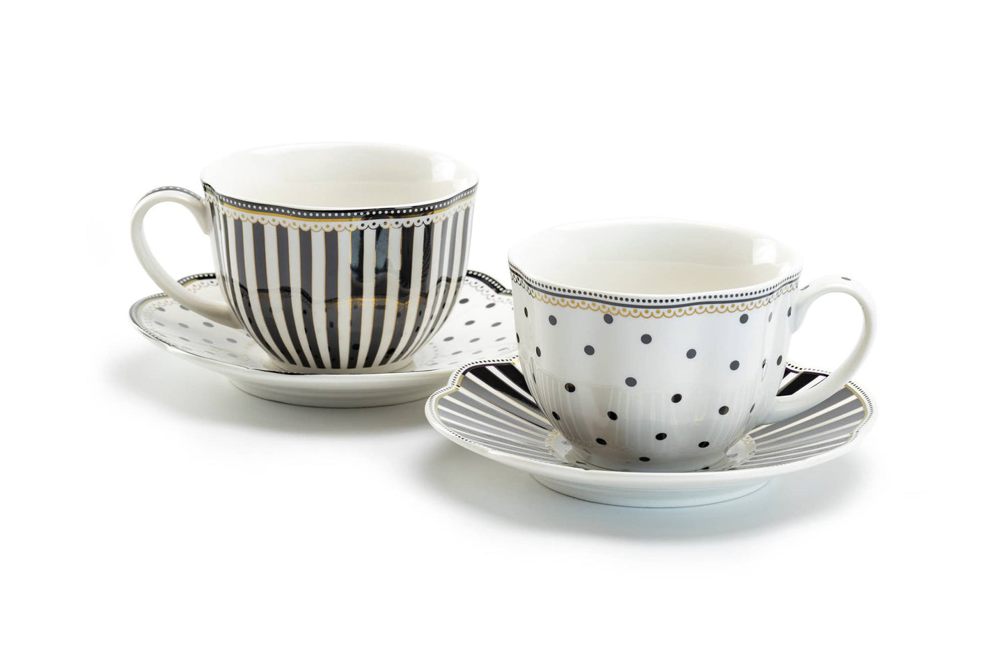 Grace Teaware - Black Josephine Stripes and Dots Fine Porcelain Cup and Saucer Sets