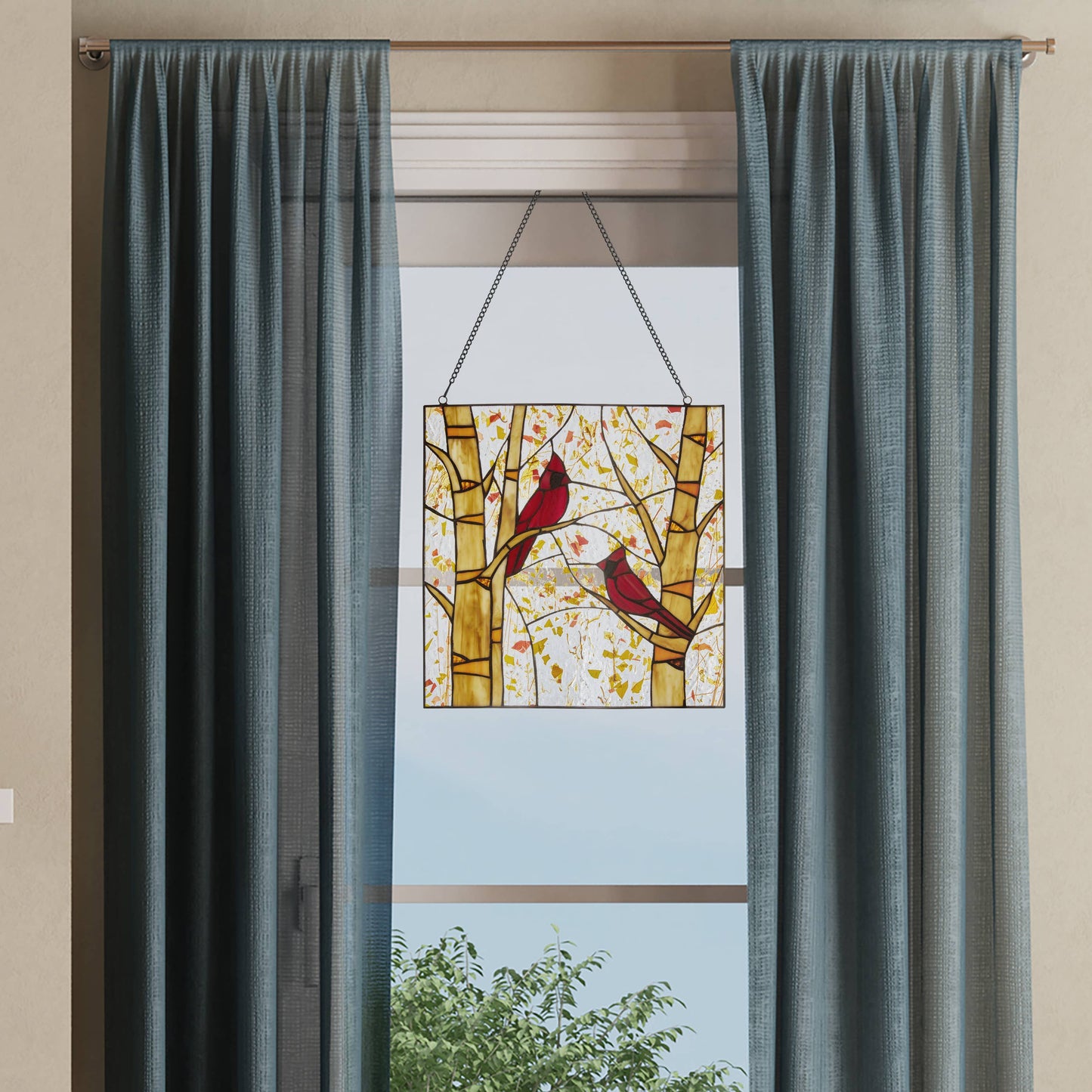 River of Goods - 14"H Eden Red Cardinals in Autumn Stained Glass Window Panel