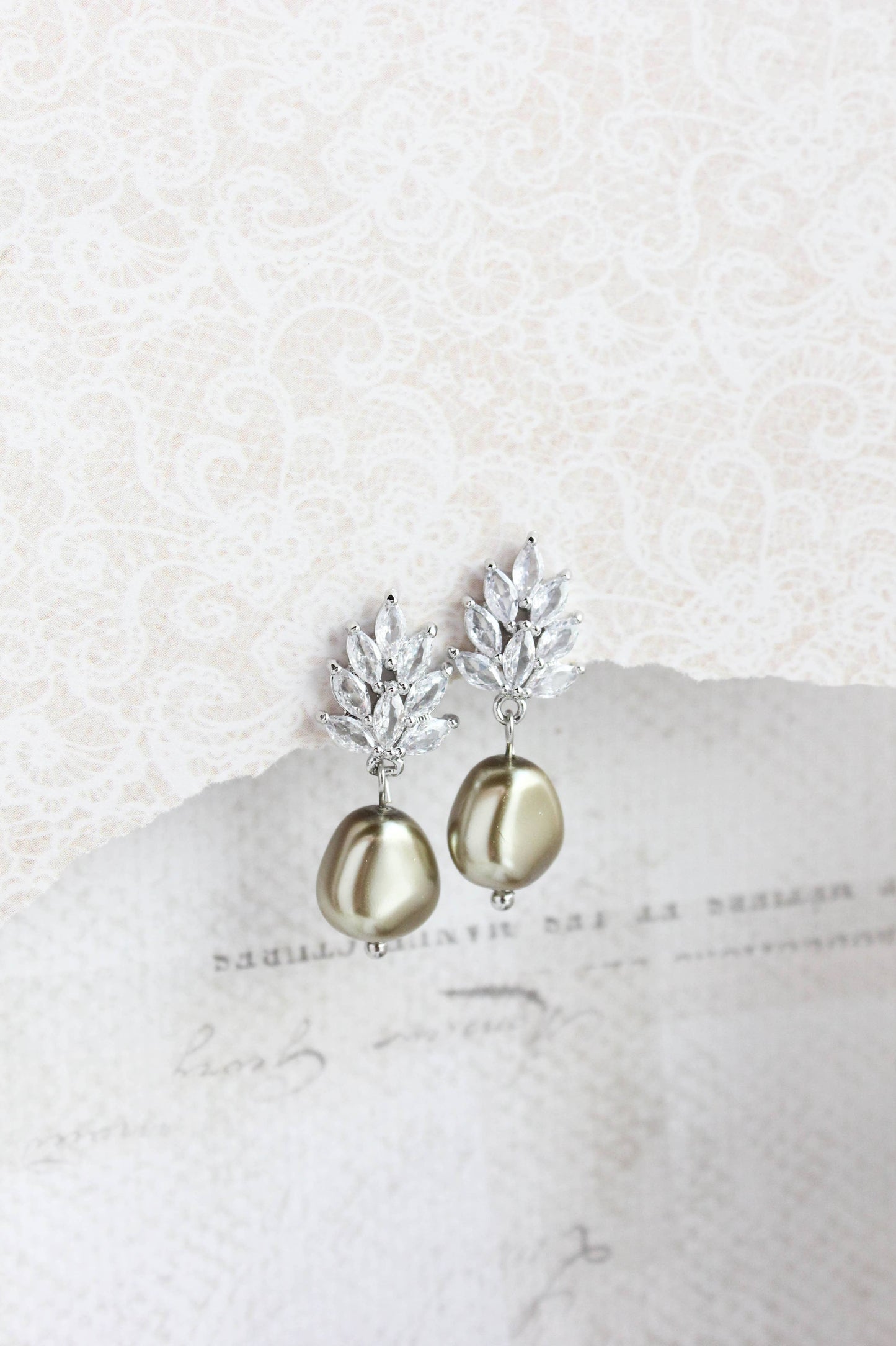 A Pocket of Posies - Glass Leaf Post Earrings - Pearl Drop: Gold Plated / Ivory Cream/Baroque Pearl