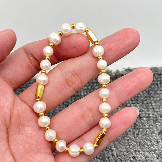 Mio Queena - Freshwater Pearl 18K Gold Plated Beaded Elastic Bracelet - FGS