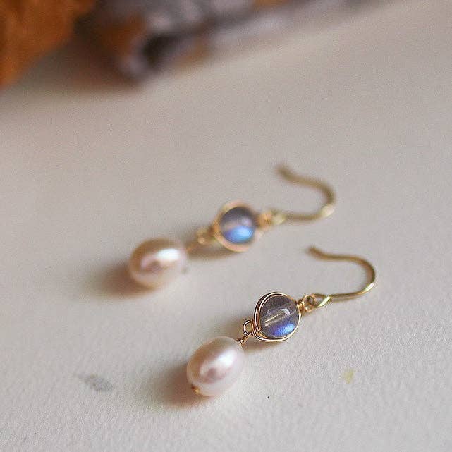 Haengseongworkshop - 18K Gold Plated 5mm Labradorite 8mm Freshwater Pearls Wire Wrapped Earrings