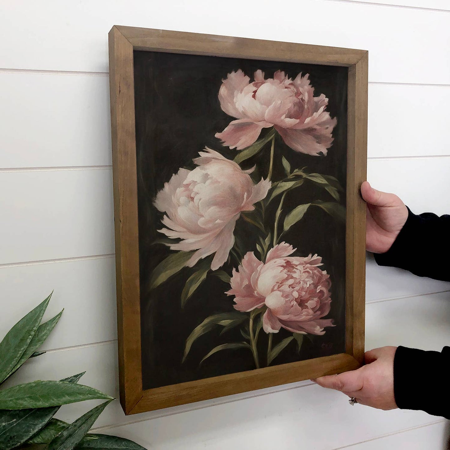 Hangout Home - Blush Peonies Dark Painting - Farmhouse Flower Canvas Art: 24x36" Extra Large Canvas Art with Thick Wood Frame