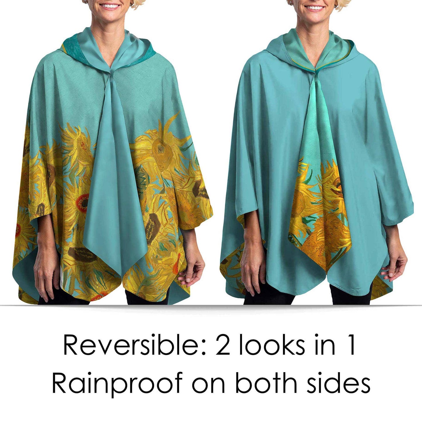 RainCaper - Van Gogh Sunflowers Reversible Rain Cape – Lightweight Hooded Wrap for Women