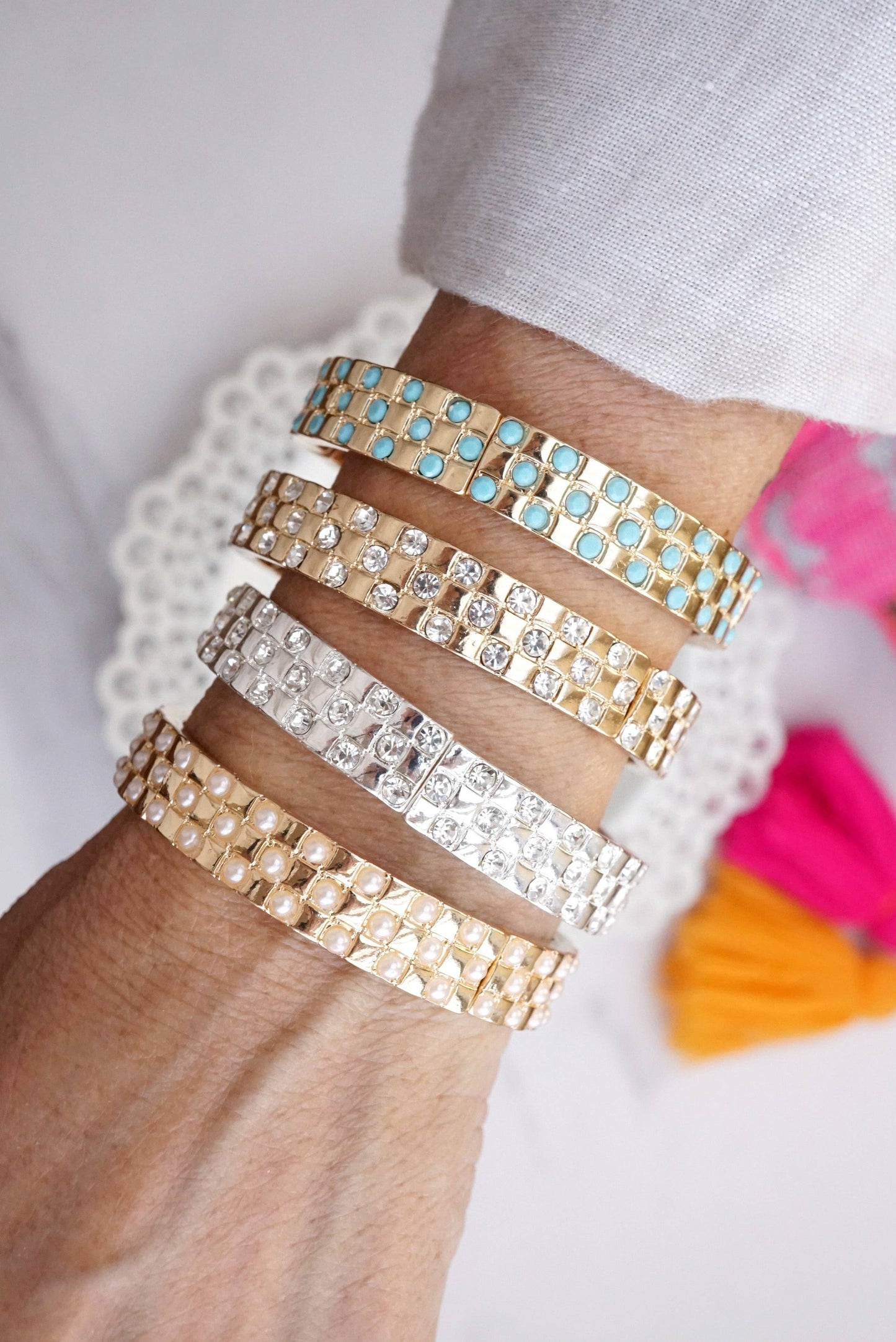 PennyLine inc - Luxe Check – Checker Crystal Stretch Bangle: Silver - Clear