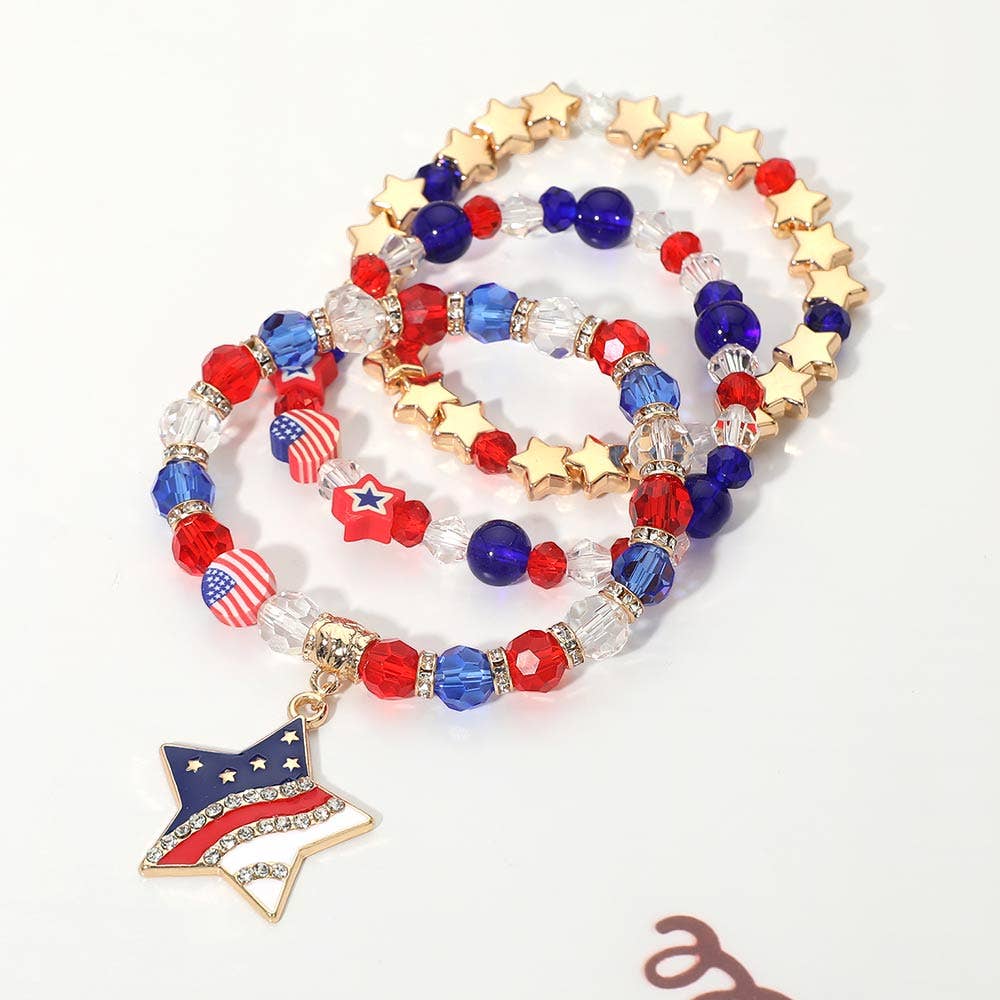 Sensibling Corp. - 3PCS - American USA Star Charm Faceted Beaded Stretch Multi Layered Bracelets