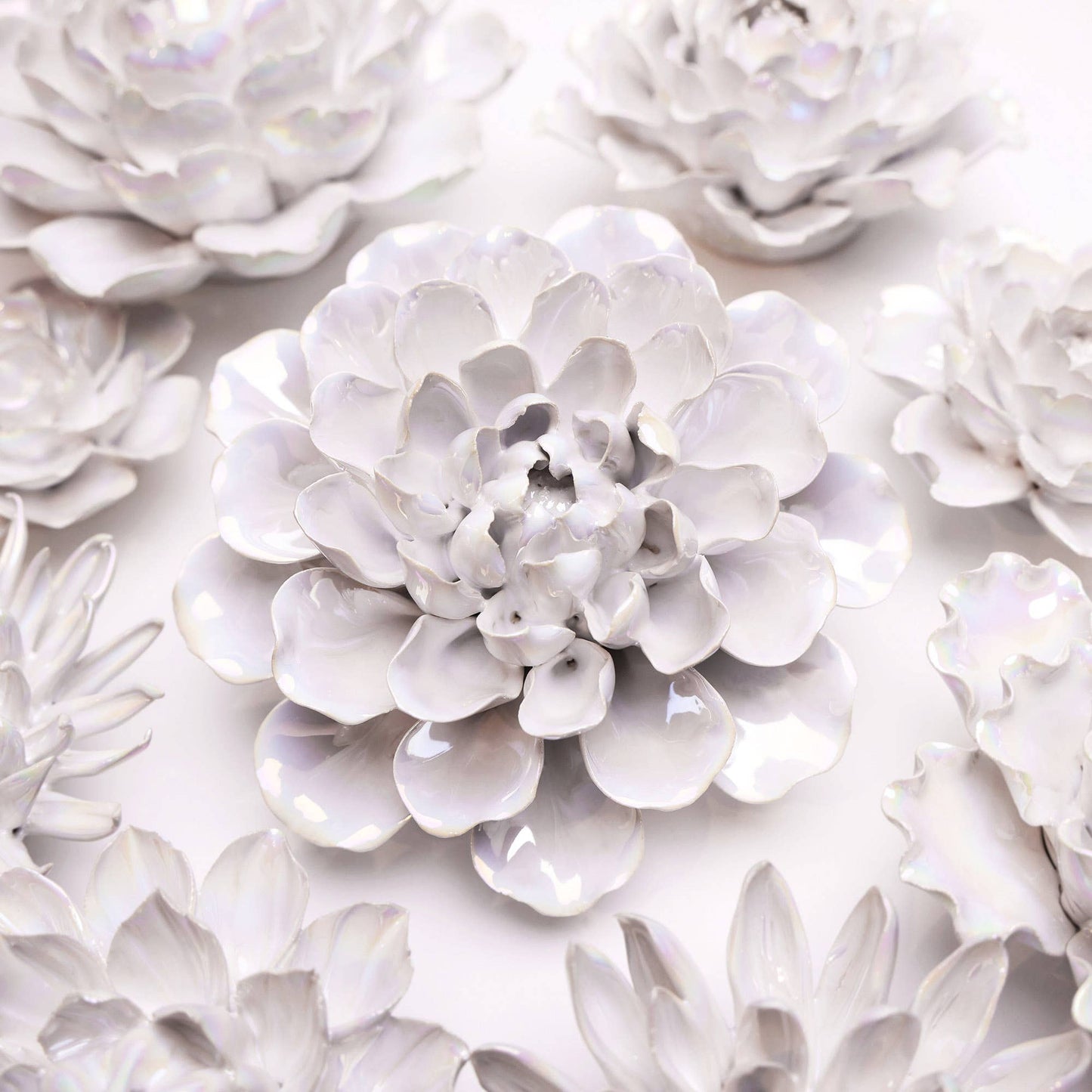 Chive - Coastal White Ceramic Flowers For Tabletop Or Wall Hanging: Pearl Chrysanthemum