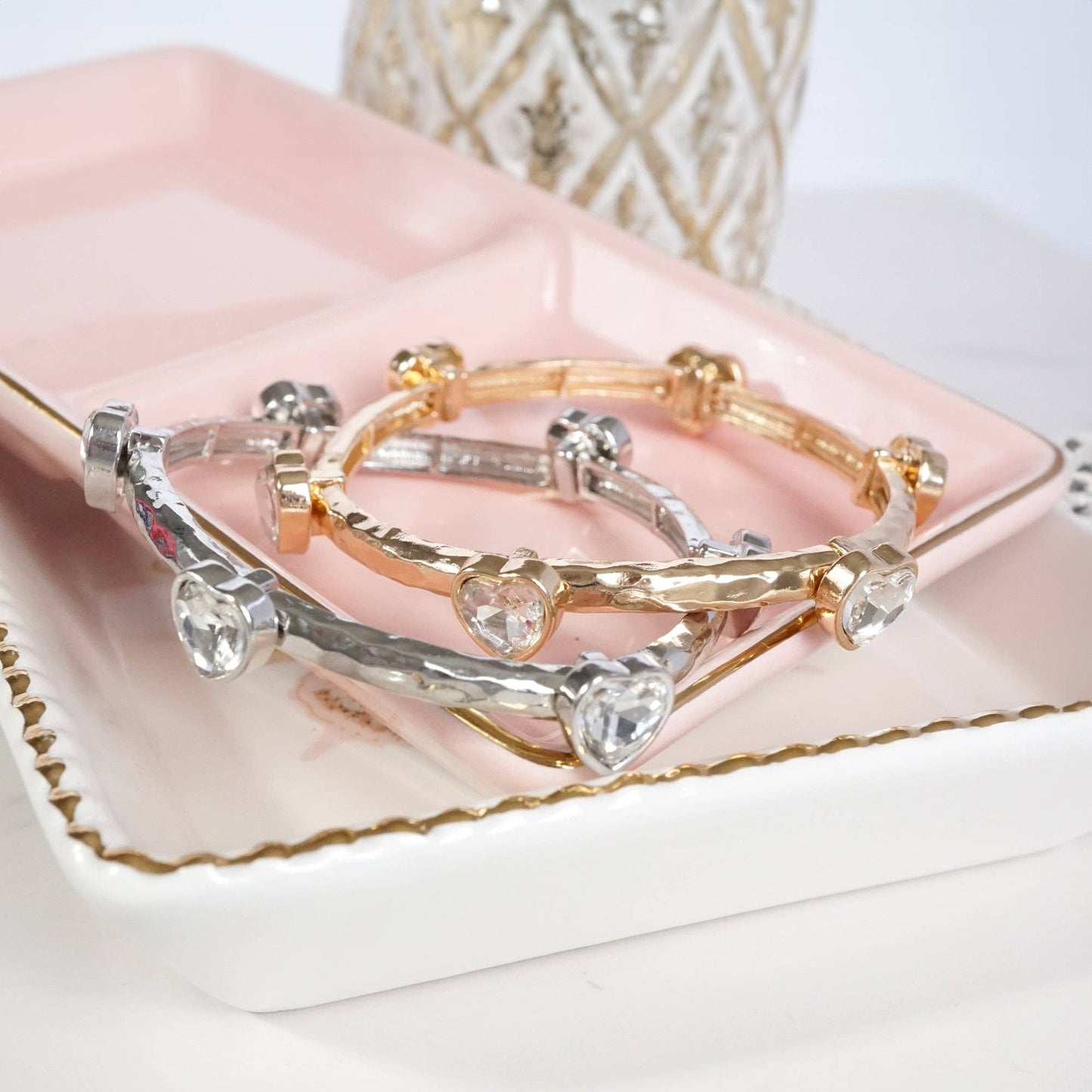 PennyLine inc - Heart Faceted Crystals Stretchy Stackable Station Bangles – Gold & Silver Tone: Gold Tone