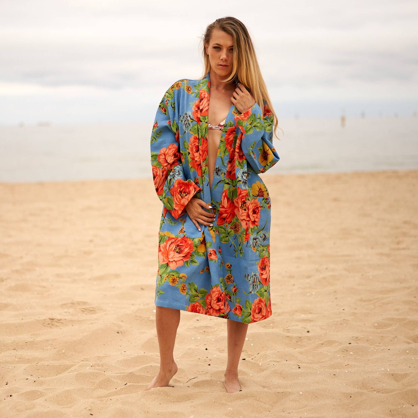 Linen Connections - Cotton Kimono | Bathrobe Frida | Waffle Robes - Floral Blue