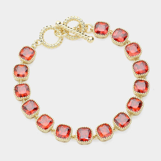 Sensibling Corp. - 14K Gold Plated Square CZ Stone Link Evening Toggle Bracelet: Red