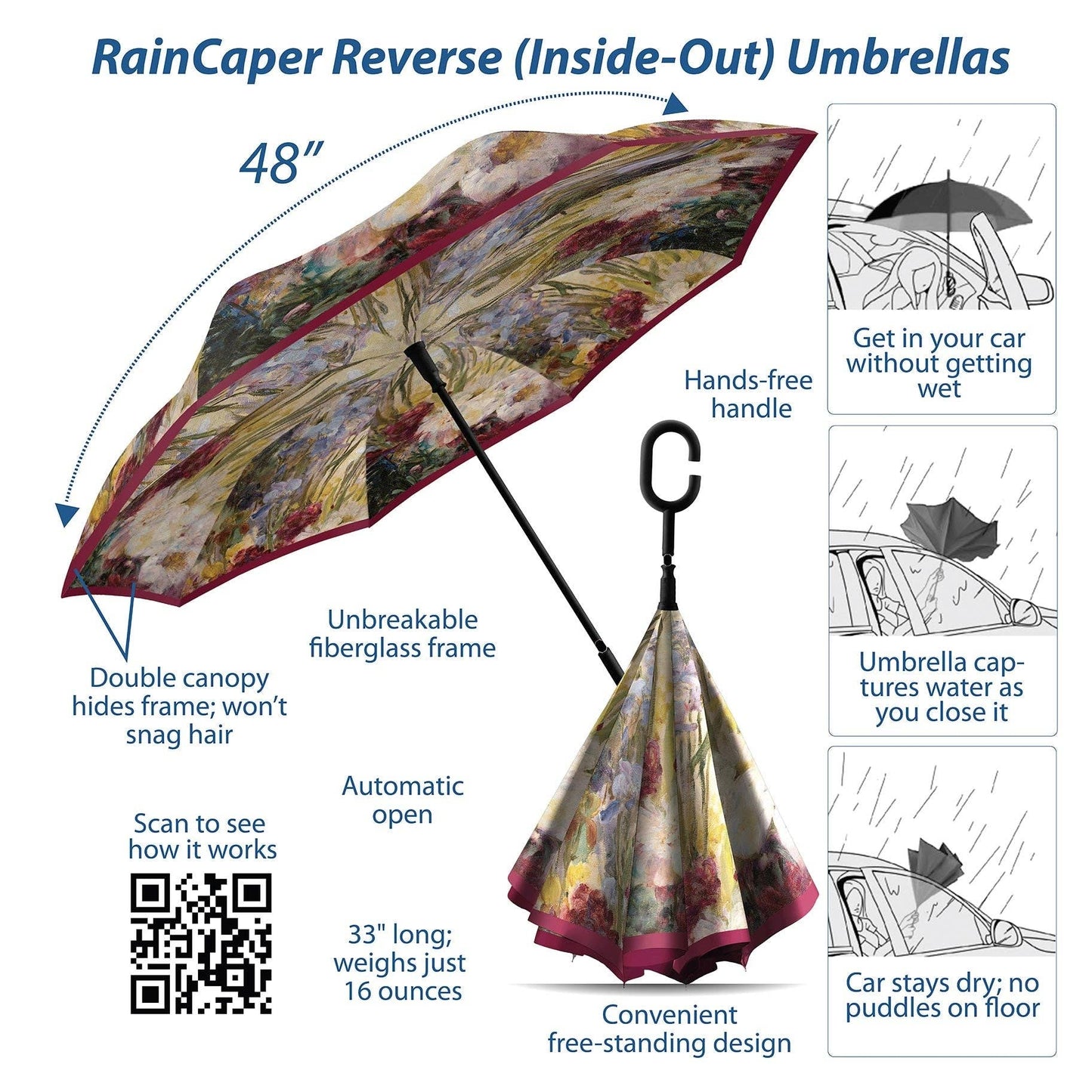 RainCaper - Tiffany Peonies and Iris Reverse Inverted Umbrella – Hands-Free, Windproof Design