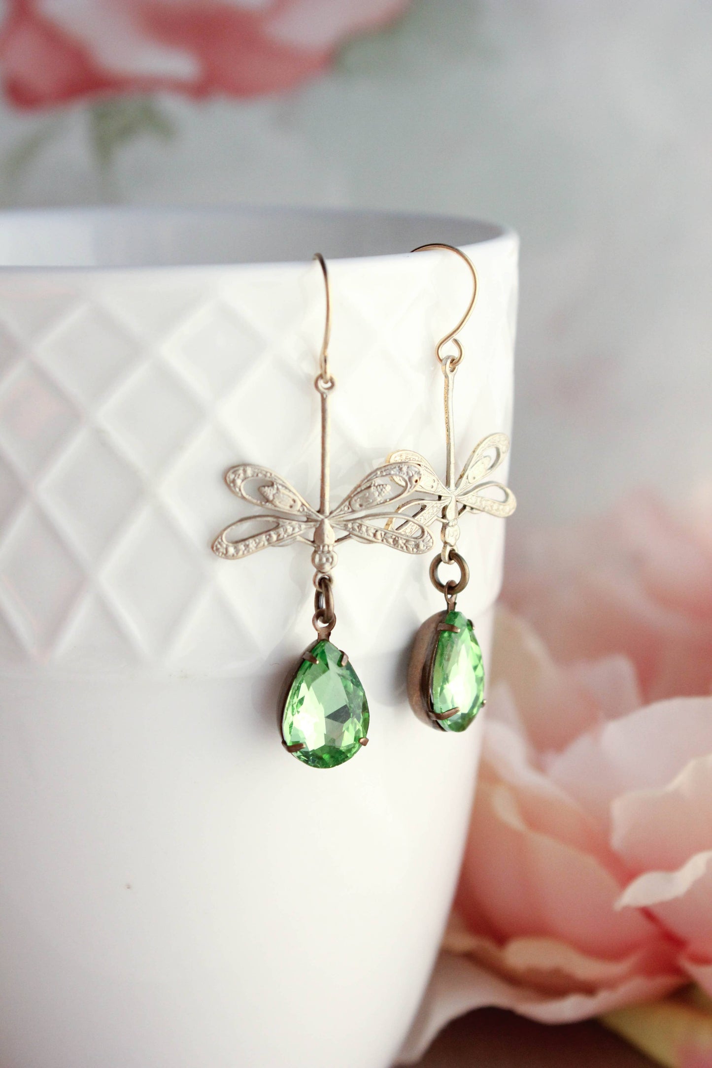 A Pocket of Posies - Dragonfly Earrings - Gold Patina and Green Glass