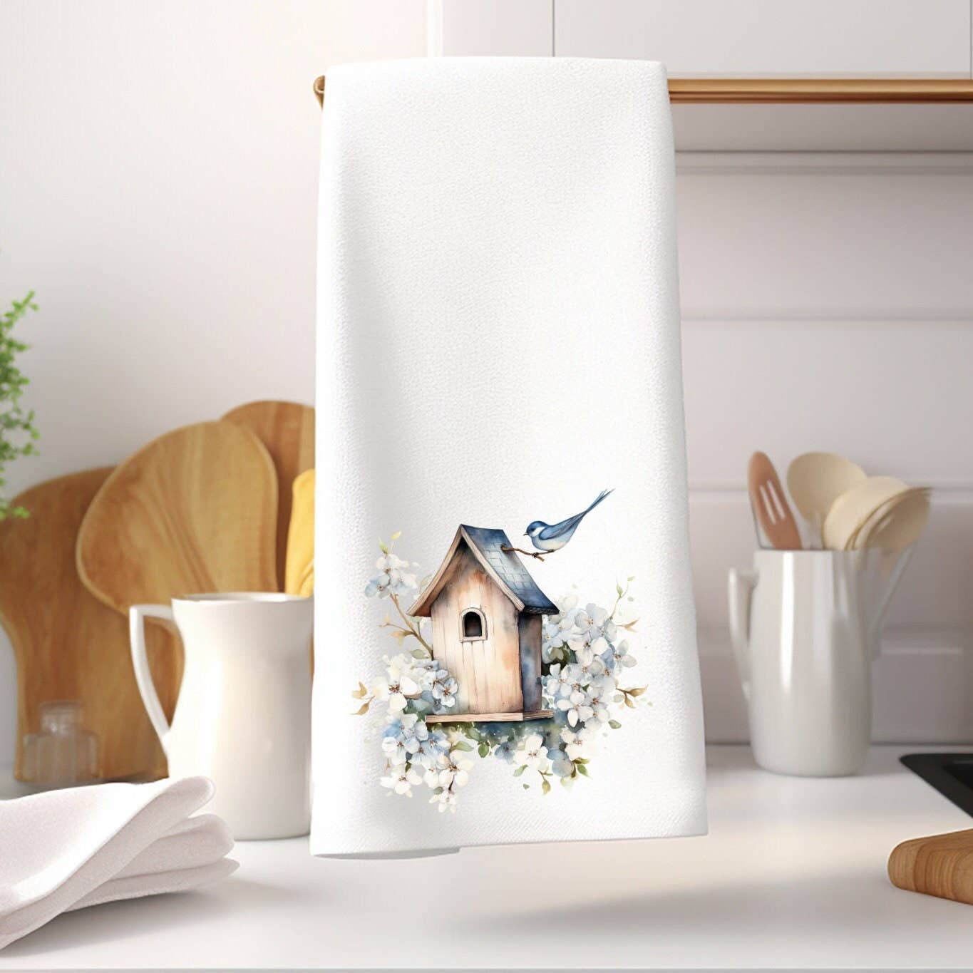 Fernville Creations - Birdhouse Printed Hand Towel with Blue Floral Accents
