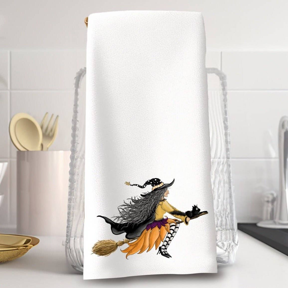 Fernville Creations - Halloween Witch & Broom Hand Tea Towel for Home Decor