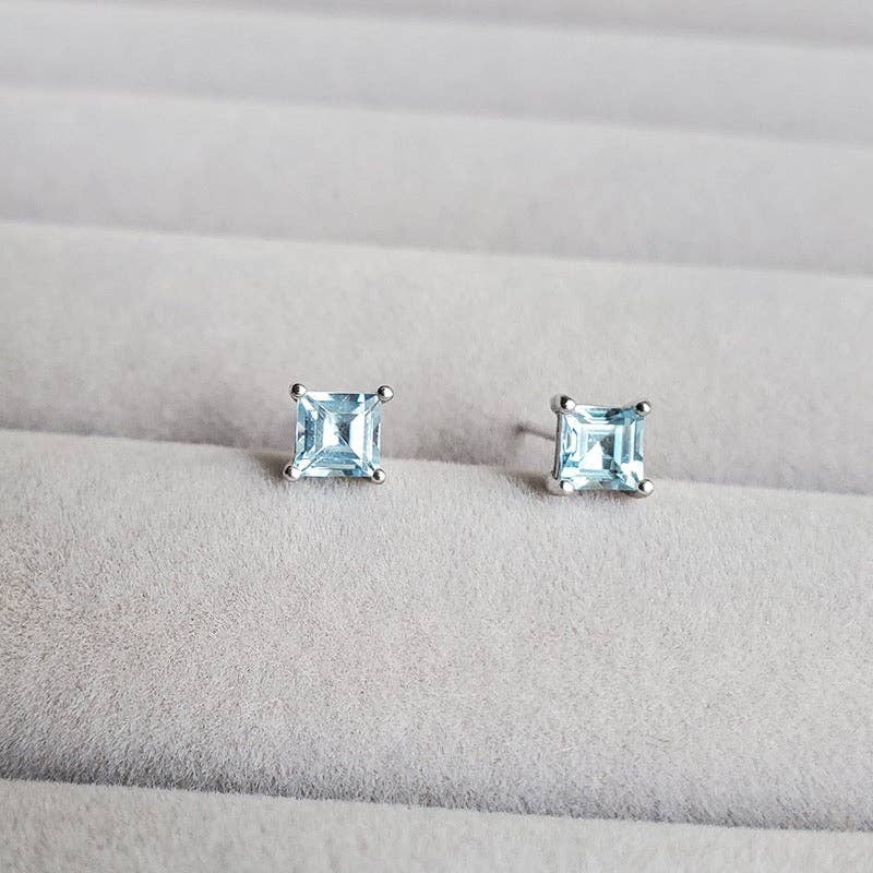 Haengseongworkshop - S925 Light Blue Topaz 4x4mm Princess Cut Earrings