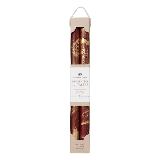 Northern Lights - 12" Decorative Taper Candles 2pk: Bordeaux w/ Gold