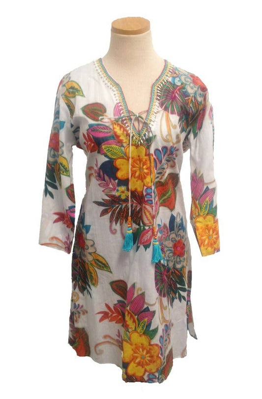 KikiSol - Cream Fiji Beaded Tunic: S