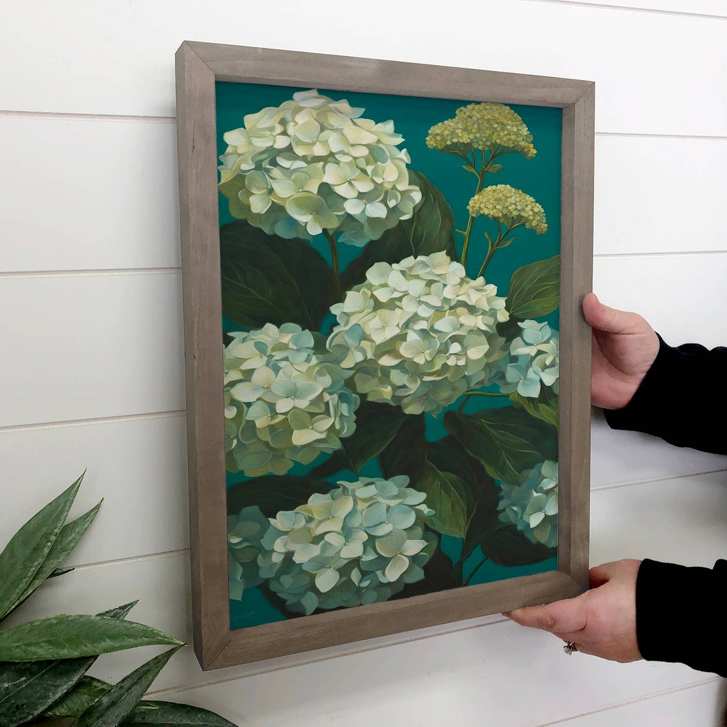 Hangout Home - Teal Hydrangeas - Flower Canvas Art - Wood Framed Floral Art: 24x36" Extra Large Canvas Art with Thick Wood Frame