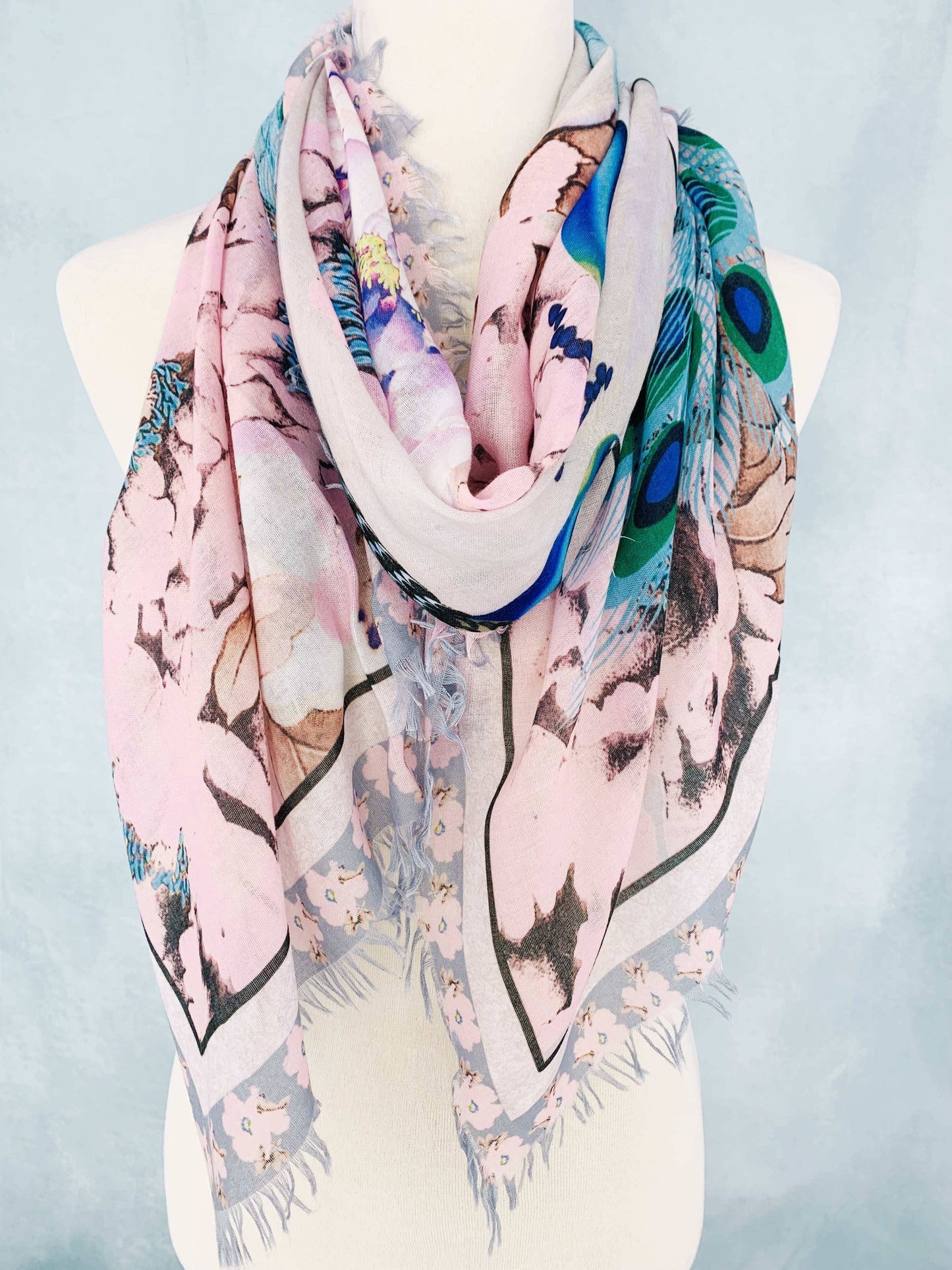 JC Sunny Fashion - Pink-Teal Peacock & Peoney Frayed-Edge Scarf/Shawl