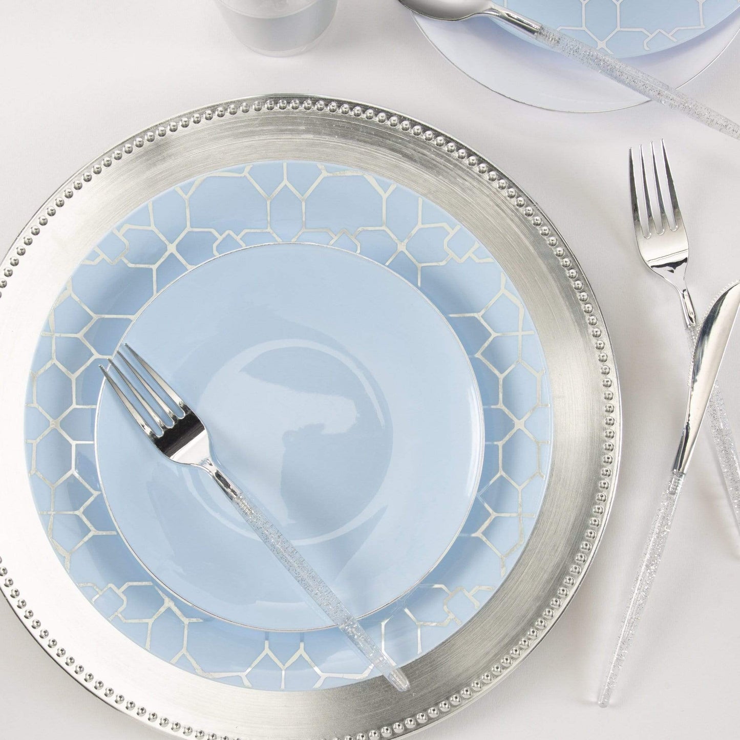 Luxe Party - Round Ice Blue • Silver Plastic Plates | 10 Pack: 10.25" Dinner Plates