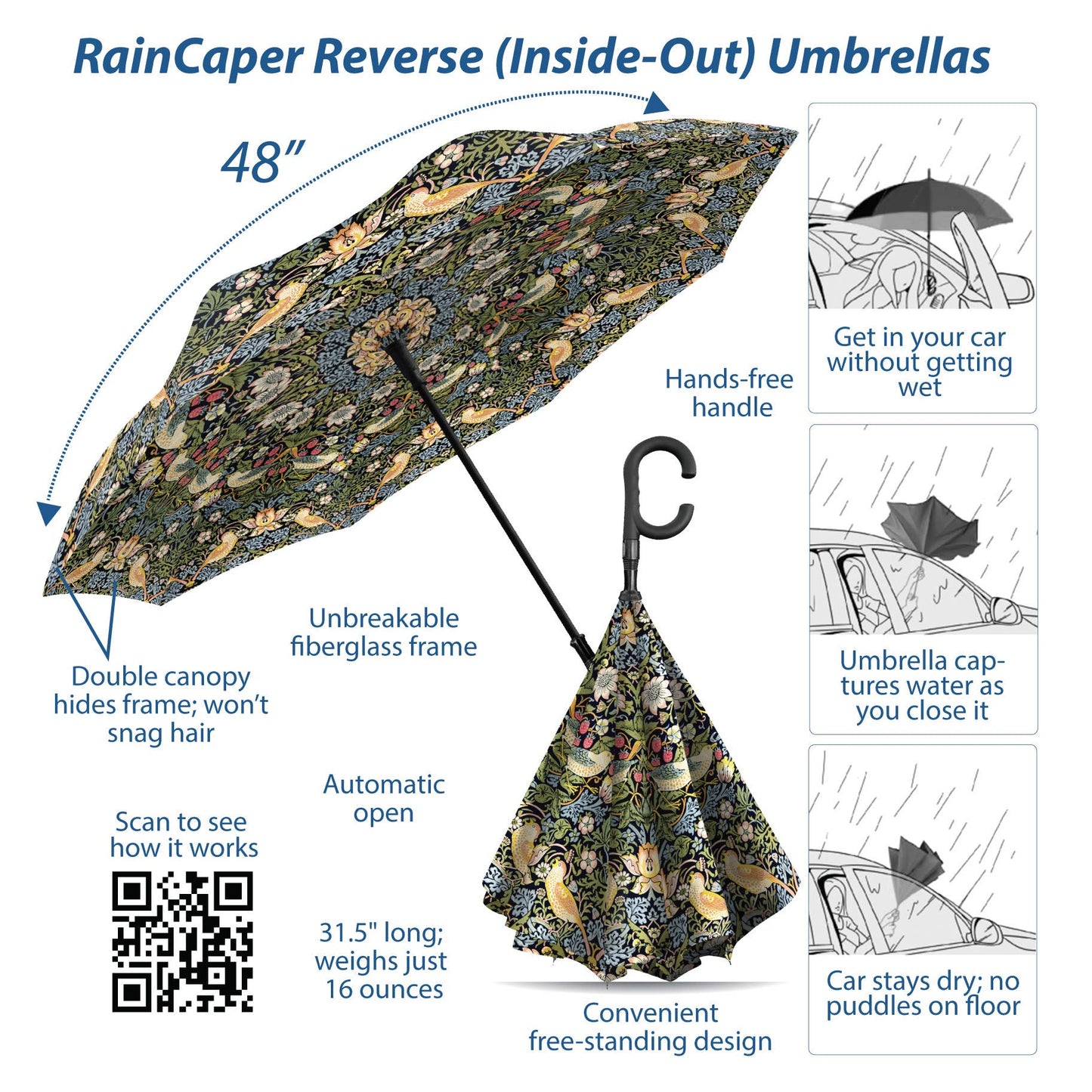RainCaper - RainCaper William Morris "Strawberry Thief" Reverse Umbrella