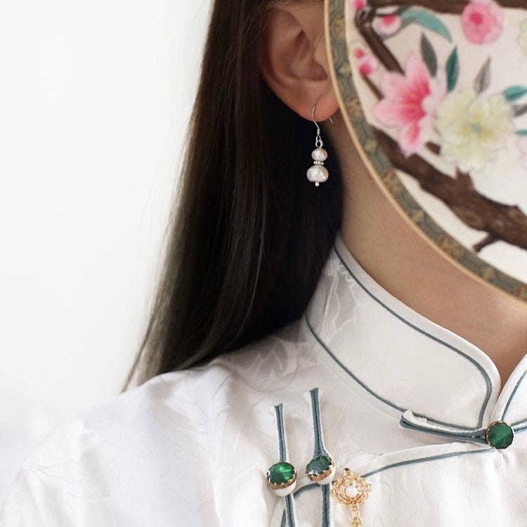 Haengseongworkshop - Silver Dangle Chinese Style Hulu 4mm 6mm AAA button Pearls Flower Cap Bead  QiPao Earrings