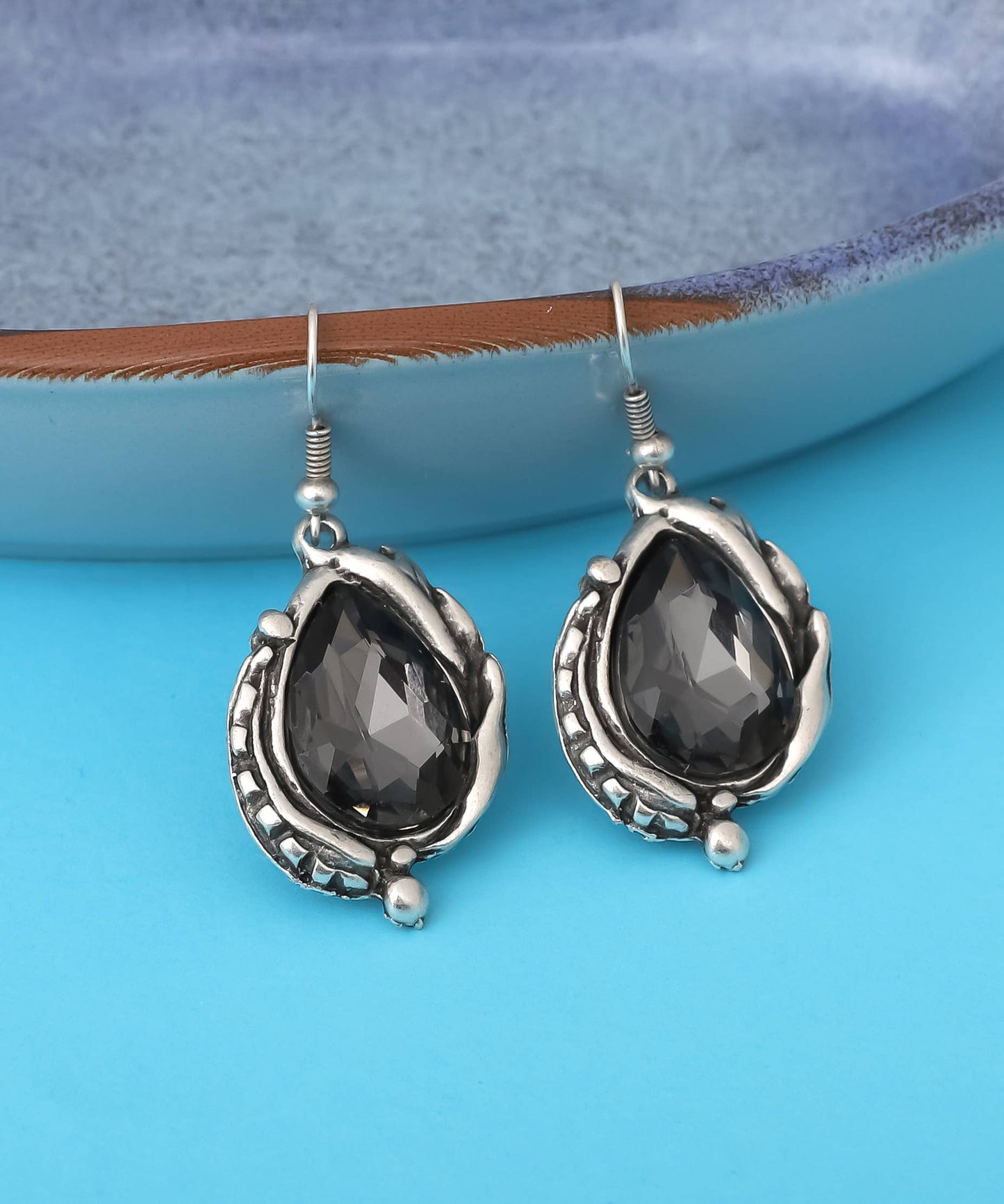 AVENS - Antique Silver Plated Flower Design Grey Crystal Earrings: Silver / Antique Silver Plated Zinc / Crystal Glass Stone