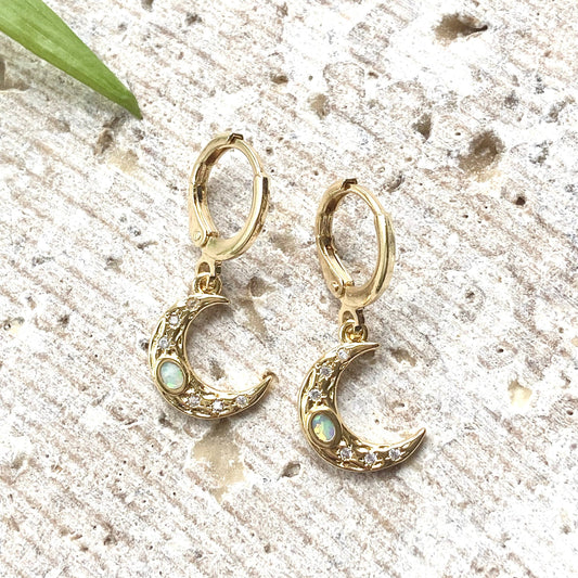 VB&CO Designs Handmade Jewelry - Opal moon earrings celestial boutique jewelry trendy salon
