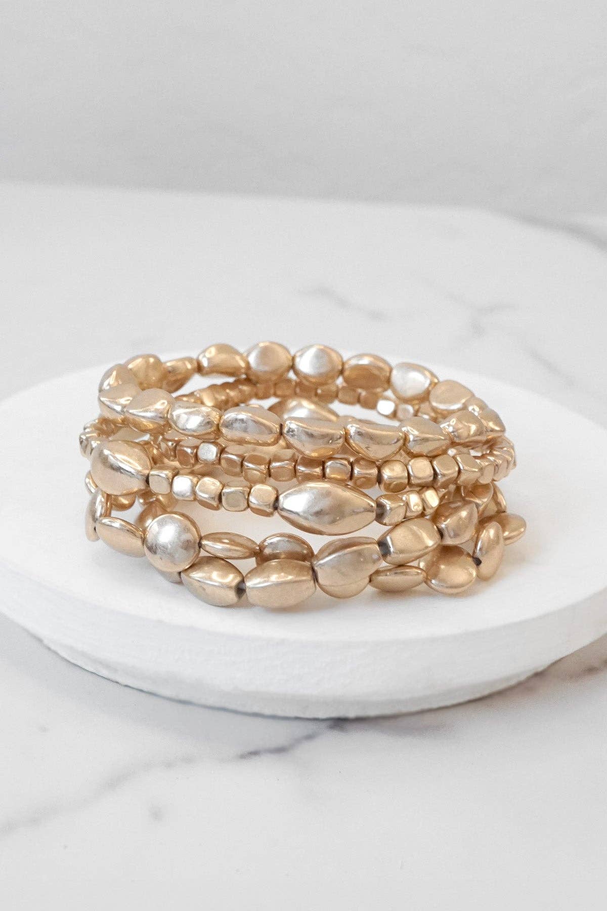 PennyLine inc - Boho Gold and silver Beaded Bracelets stack of 5: Worn Gold Tone