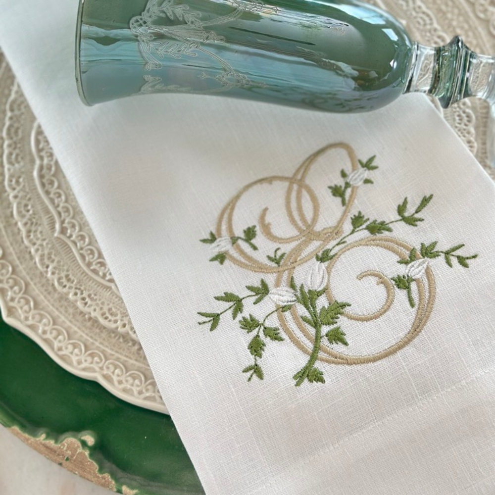 Arte Italica & Crown Linen Designs - Floral Monogram Linen Towel: V
