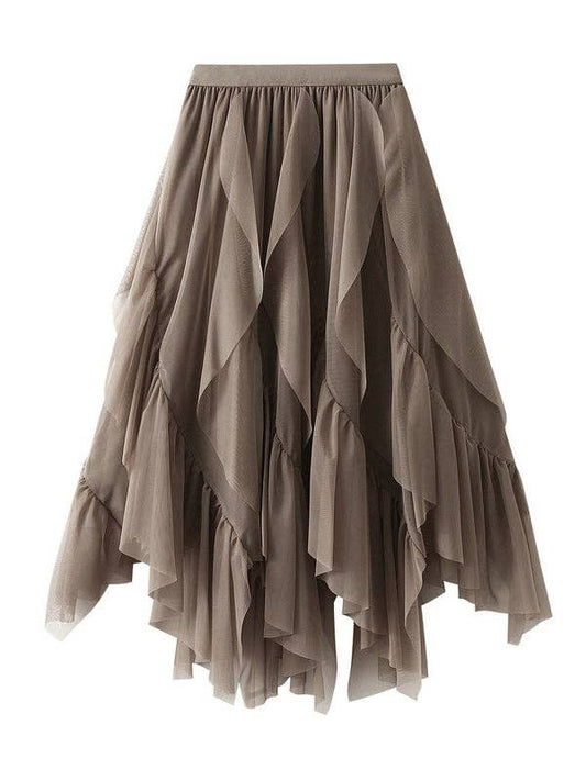 UZ Wholesale Store - Elasticity Gauze Pleated Solid Color Split-Joint A-Line Loos: KHAKI / One_size
