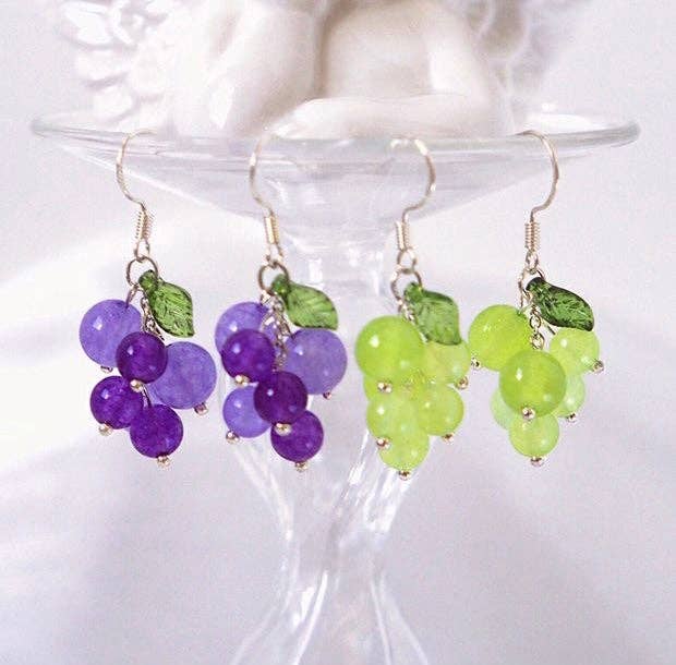 Haengseongworkshop - S925 Silver Lavender Jade Green Agate Amethyst 5-6mm Grape Leaf Dangle Earrings: Green