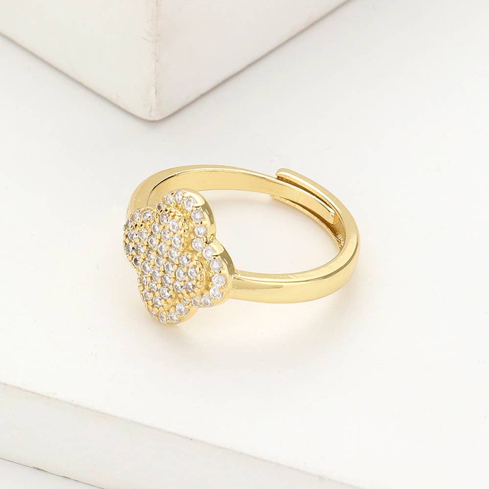 Sensibling Corp. - Gold Dipped CZ Stone Paved Quatrefoil Adjustable Ring: Clear,Rhodium