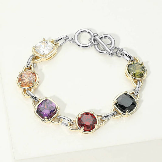 Sensibling Corp. - 14K Gold Plated Multi Color CZ Stone Link Toggle Bracelet: Multi,Two Tone