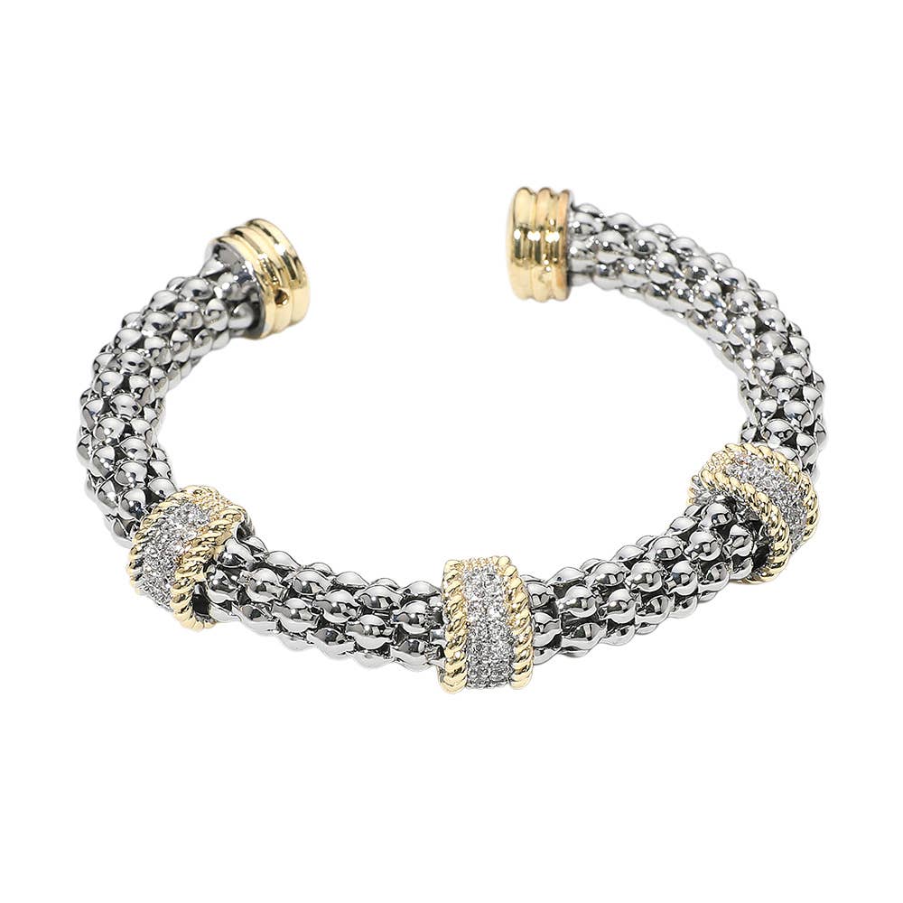 Sensibling Corp. - Two Tone Triple CZ Stone Paved Ring Textured Cuff Bracelet