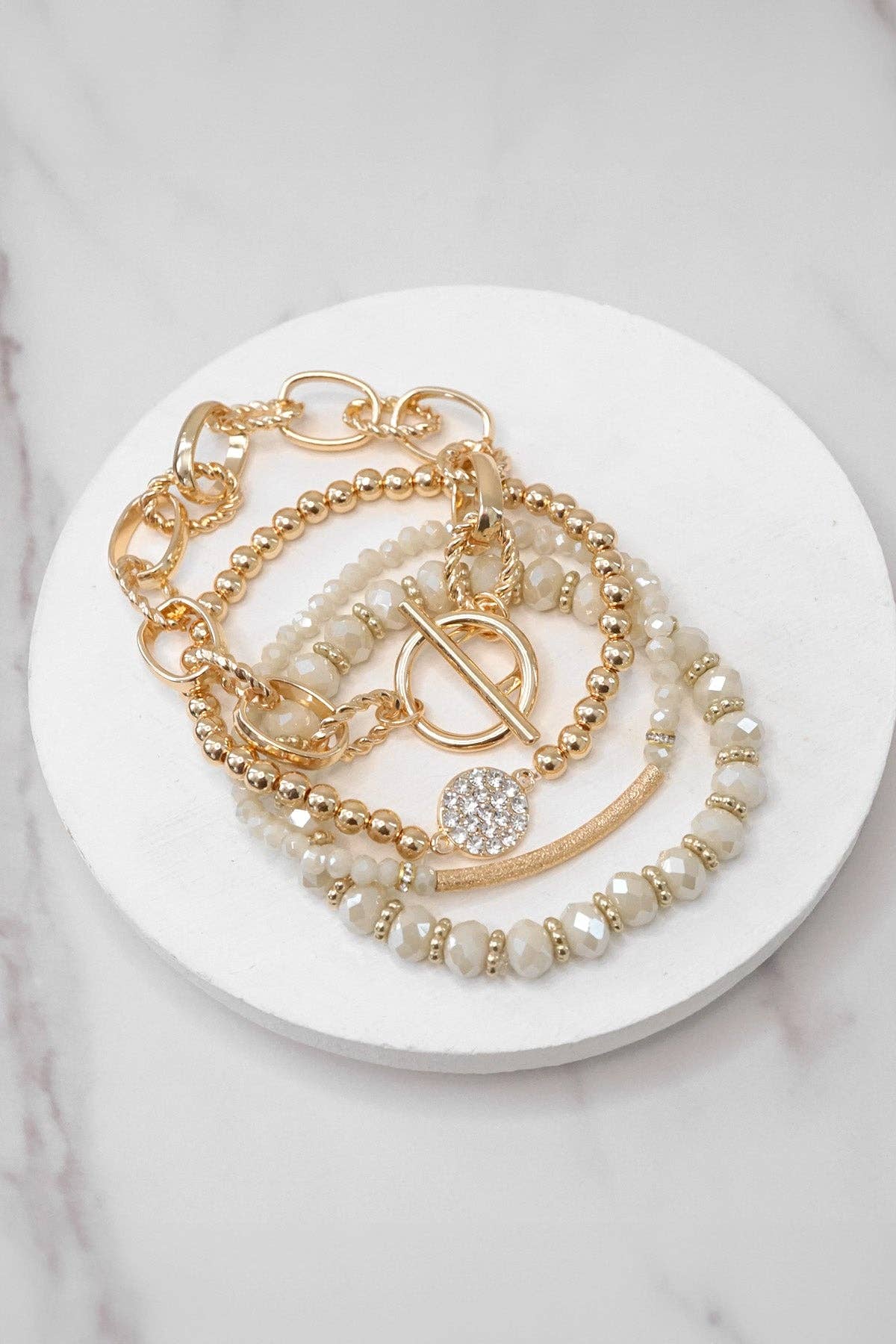 PennyLine inc - Beaded Bracelets set of 4 Off-White Glass Beads with Gold
