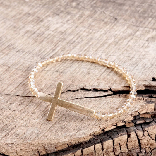 PennyLine inc - Minimal Sideways Cross Bracelet with Glass Beads Gold tone: Champaign Glass Beads