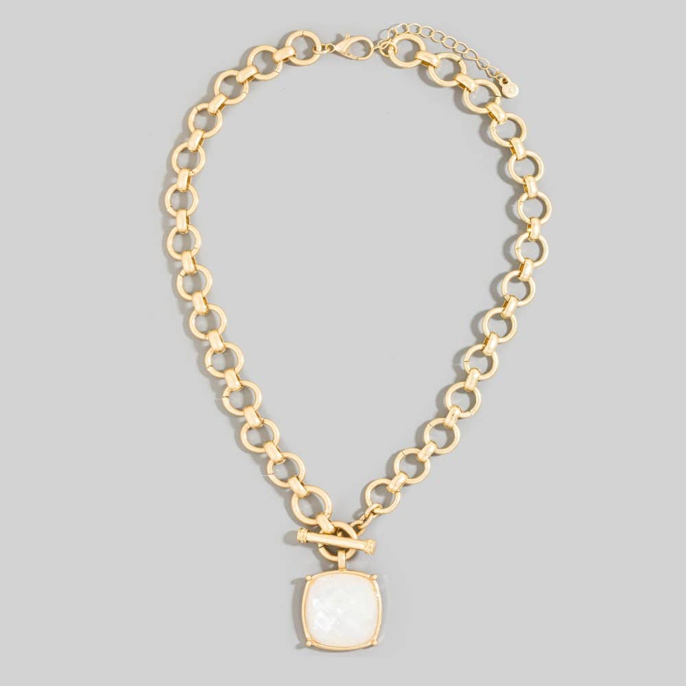 The Looks by Fame Accessories - Faceted Square Stone Pendant Necklace Set: MOP