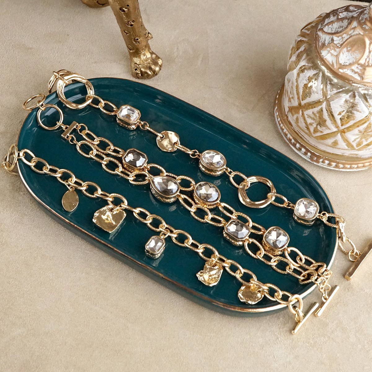 PennyLine inc - Brilliant Bond – Statement Chain Bracelets with Reflective Crystals: Raw rings and 3 crystals